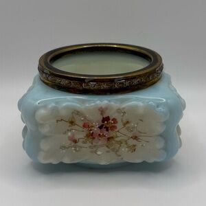 Milk Glass Antique Signed Wavecrest Trinket Dish Pin Holder Handpainted Brass